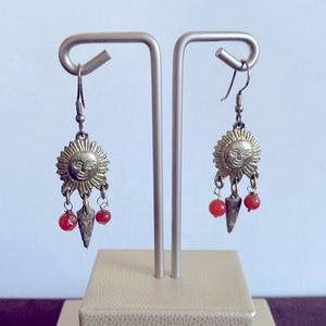 Tribal Aztec Sun Face drop earrings metal with beads.